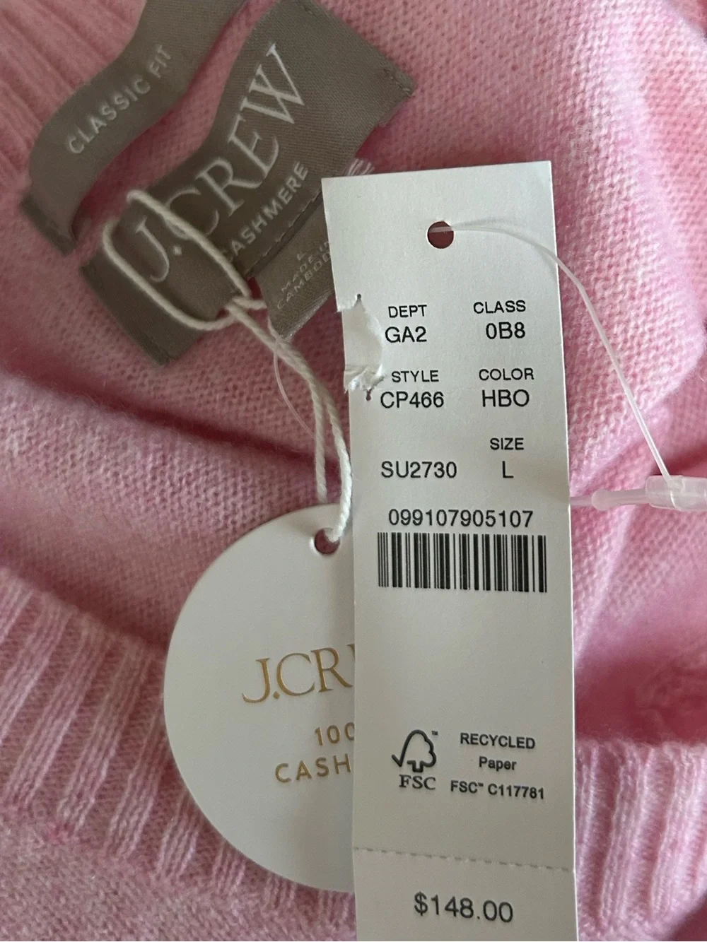 NWT J.Crew Cashmere Pink High V-Neck Sweater Heather Bouquet Sz L